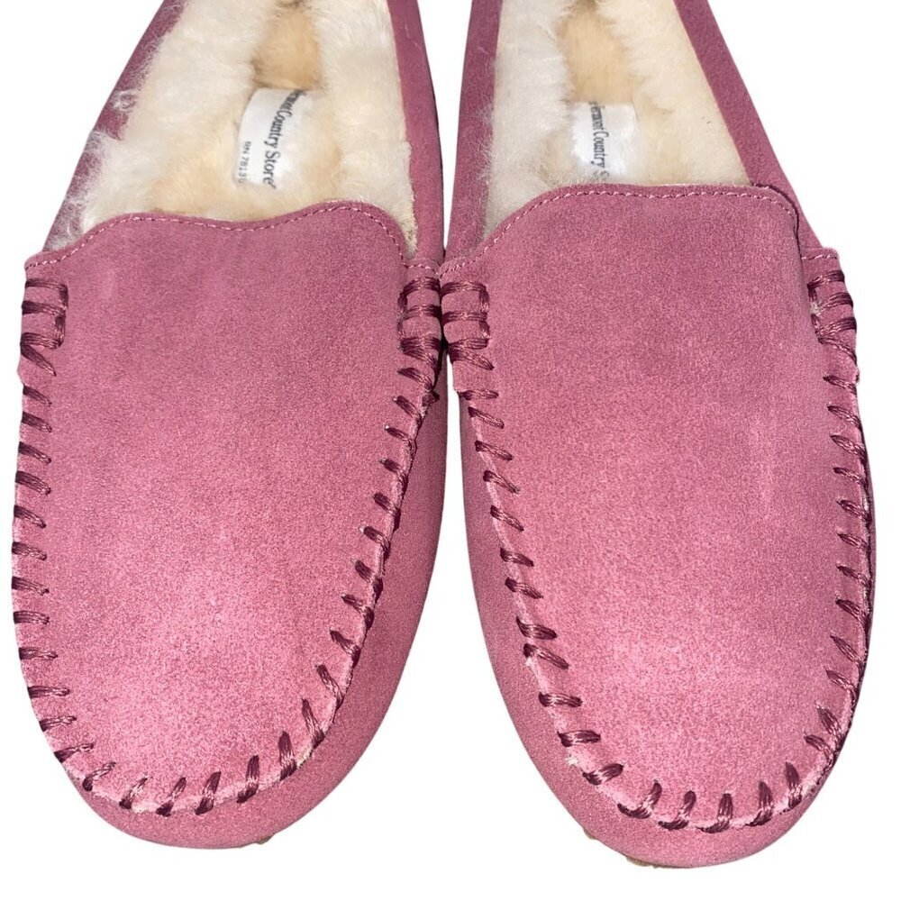 The Vermont Country Store mauve cow suede slip on moccasins shearling lined 8 - Picture 2 of 11